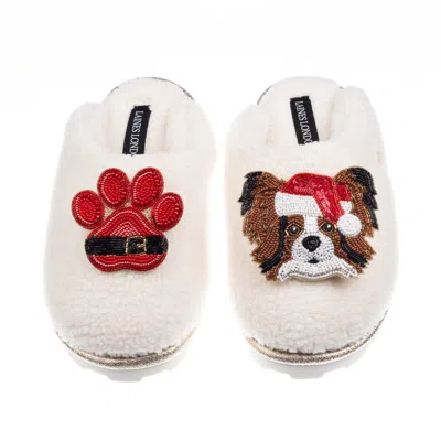 Laines London Women's Neutrals / White Teddy Closed Toe Slippers With Christmas Papillon & Paw Brooches - Cream
