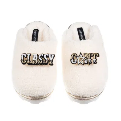 Laines London Women's Neutrals / White Teddy Closed Toe Slippers With Classy Cunt Brooches - Cream