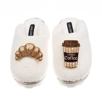 Laines London Women's Neutrals / White Teddy Closed Toe Slippers With Coffee Cup & Croissant Brooches - Cream