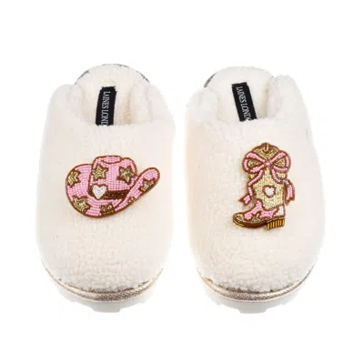 Laines London Women's Neutrals / White Teddy Closed Toe Slippers With Cowgirl Hat & Cowgirl Boot Brooches - Cream