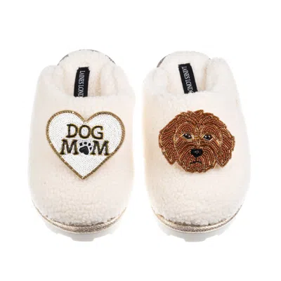 Laines London Women's Neutrals / White Teddy Closed Toe Slippers With Dog Mum / Mom & Apricot Cockapoo Brooches - 