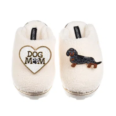 Laines London Women's Neutrals / White Teddy Closed Toe Slippers With Dog Mum/mom & Dapple Dachshund Brooches - Cr In Multi