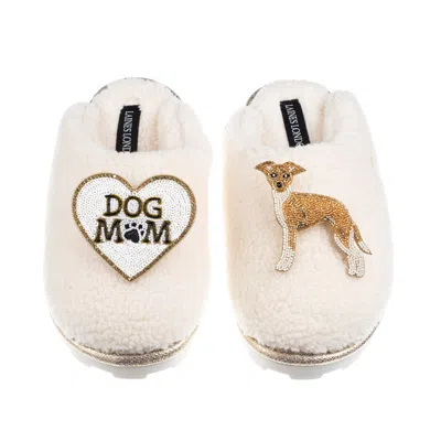 Laines London Women's Neutrals / White Teddy Closed Toe Slippers With Dog Mum/mom & Fawn & White Greyhound Brooche