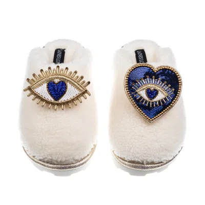 Laines London Women's Neutrals / White Teddy Closed Toe Slippers With Double Blue Heart & Love Eye Brooches - Crea