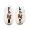Laines London Women's Neutrals / White Teddy Closed Toe Slippers With Double Gold Grand Nutcrackers Brooches - Cre In White