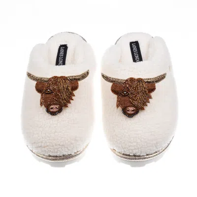 Laines London Women's Neutrals / White Teddy Closed Toe Slippers With Double Highland Cow Brooches - Cream