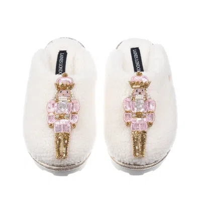 Laines London Women's Neutrals / White Teddy Closed Toe Slippers With Double Pink Grand Nutcrackers Brooches - Cre