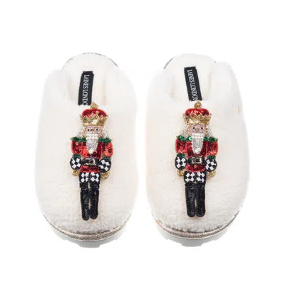 Laines London Women's Neutrals / White Teddy Closed Toe Slippers With Double Red Grand Nutcrackers Brooches - Crea