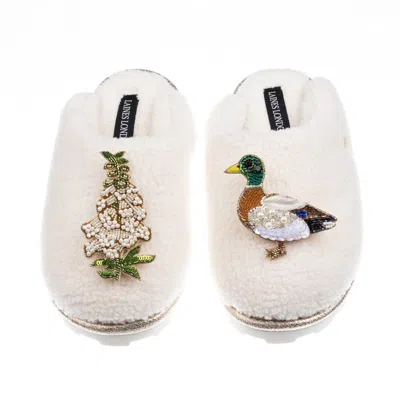 Laines London Women's Neutrals / White Teddy Closed Toe Slippers With Duck & White Foxglove Brooches - Cream