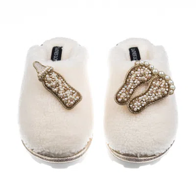 Laines London Women's Neutrals / White Teddy Closed Toe Slippers With Gold New Baby Brooches - Cream