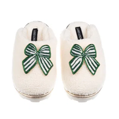 Laines London Women's Neutrals / White Teddy Closed Toe Slippers With Green Stripe Bow Brooches - Cream