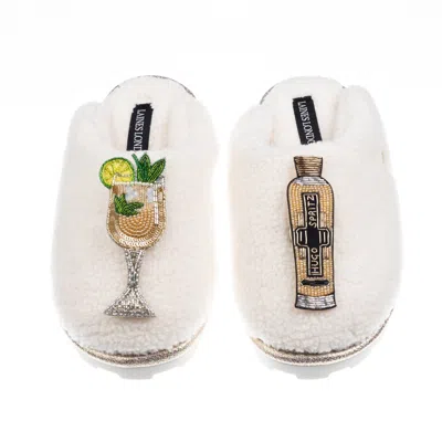 Laines London Women's Neutrals / White Teddy Closed Toe Slippers With Hugo Spritz Brooches - Cream