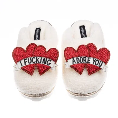 Laines London Women's Neutrals / White Teddy Closed Toe Slippers With I Fucking Adore You Brooches - Cream