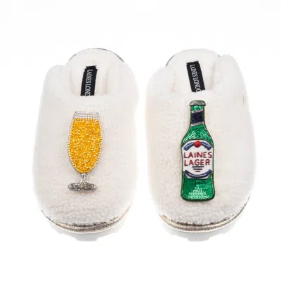 Laines London Women's Neutrals / White Teddy Closed Toe Slippers With Laines Italian Lager Brooches - Cream