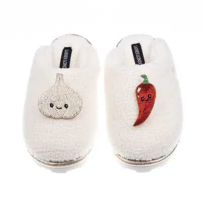 Laines London Women's Neutrals / White Teddy Closed Toe Slippers With Laines Lovables Garlic & Chilli Brooches - C
