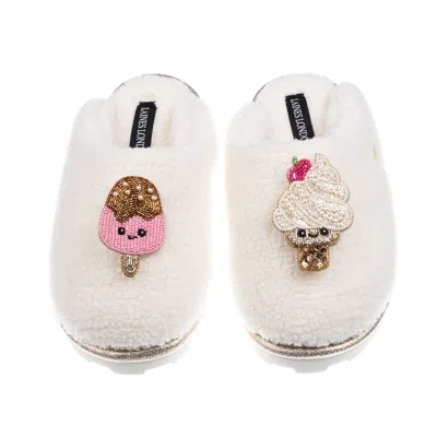 Laines London Women's Neutrals / White Teddy Closed Toe Slippers With Laines Lovables Ice Lolly & Ice Cream Brooch
