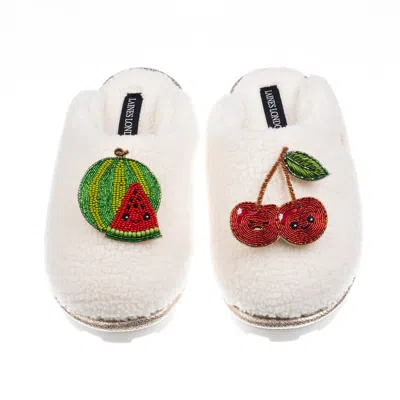 Laines London Women's Neutrals / White Teddy Closed Toe Slippers With Laines Lovables Watermelon & Cherry Brooches
