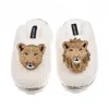 Laines London Women's Neutrals / White Teddy Closed Toe Slippers With Lion & Lioness Brooch - Cream In White