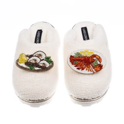 Laines London Women's Neutrals / White Teddy Closed Toe Slippers With Lobster Platter & Oyster Brooches - Cream