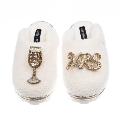 Laines London Women's Neutrals / White Teddy Closed Toe Slippers With Mrs & Wedding Champers Brooches - Cream