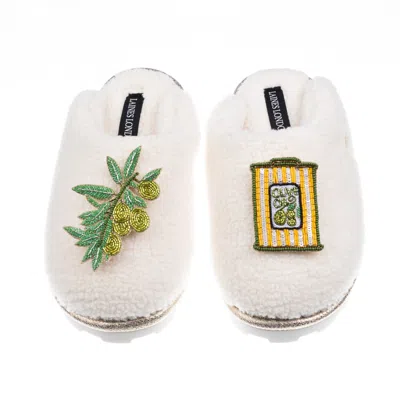 Laines London Women's Neutrals / White Teddy Closed Toe Slippers With Olives & Olive Oil Brooches - Cream
