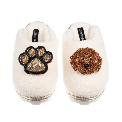 Laines London Women's Neutrals / White Teddy Closed Toe Slippers With Paw & Apricot Cockapoo Brooches - Cream