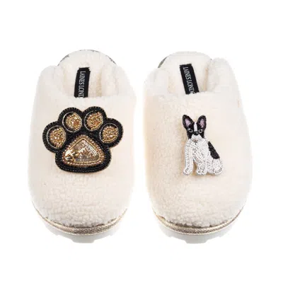 Laines London Women's Neutrals / White Teddy Closed Toe Slippers With Paw & Black & White Sitting French Bulldog B