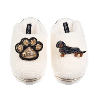Laines London Women's Neutrals / White Teddy Closed Toe Slippers With Paw & Dapple Dachshund Brooches - Cream