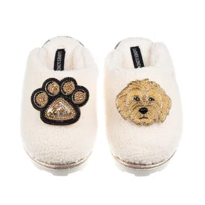 Laines London Women's Neutrals / White Teddy Closed Toe Slippers With Paw & Golden Cockapoo Brooches - Cream