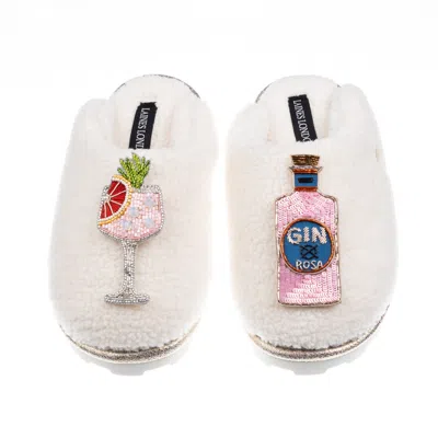 Laines London Women's Neutrals / White Teddy Closed Toe Slippers With Pink Rosa & Grapefruit Gin Brooches - Cream