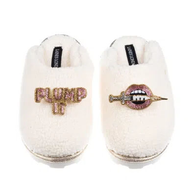 Laines London Women's Neutrals / White Teddy Closed Toe Slippers With Plump It Pout Brooches - Cream