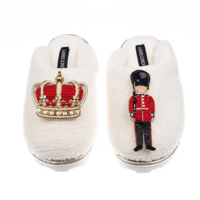 Laines London Women's Neutrals / White Teddy Closed Toe Slippers With Royal Crown & Grenadier Guard Brooches - Cre