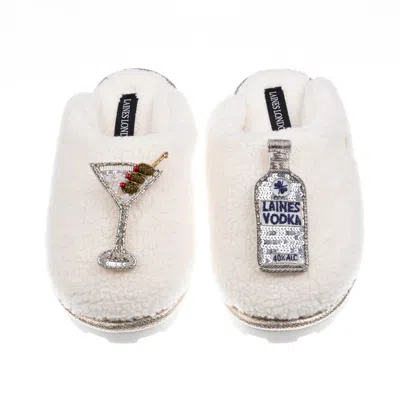 Laines London Women's Neutrals / White Teddy Closed Toe Slippers With Vodka Martini Brooches - Cream