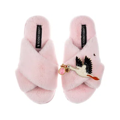 Laines London Women's Pink Classic Laines Slippers With Baby Girl Stork Brooch - Dark Skin
