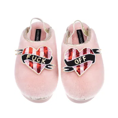Laines London Women's Pink / Gold Flatform Cloud Slippers With Red & Pink Stripe Fuck Off Heart Brooches - Dusky P In Pink/gold