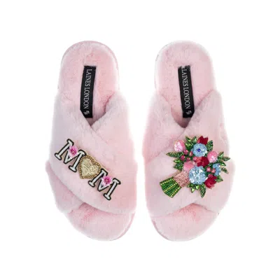 Laines London Women's Pink / Purple Classic Laines Mother's Day Slippers With Floral Bouquet & Mum / Mom Brooches In Pink/purple