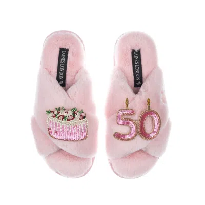 Laines London Women's Pink / Purple Classic Laines Slippers With 50th Birthday & Cake Brooches - Pink In Pink/purple