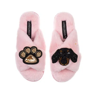 Laines London Women's Pink / Purple Classic Laines Slippers With Artisan Little Sausage & Paw Brooches - Pink In Pink/purple