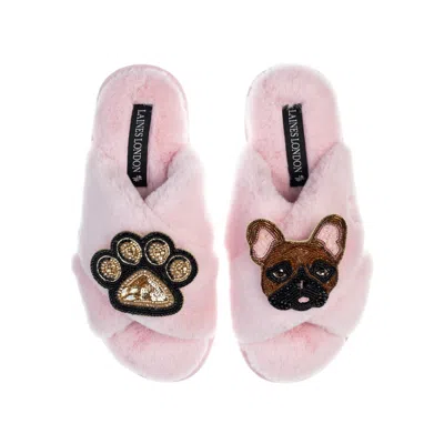 Laines London Women's Pink / Purple Classic Laines Slippers With Cookie The Frenchie & Paw Brooches - Pink In Pink/purple