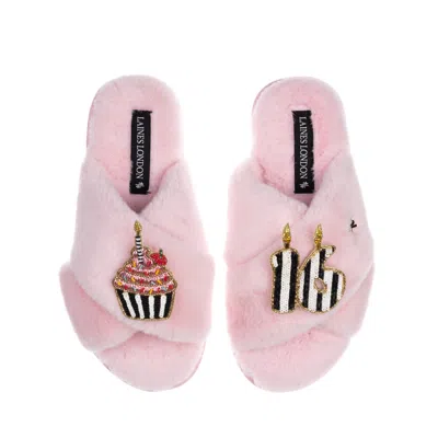 Laines London Women's Pink / Purple Classic Laines Slippers With Stripe 16th Birthday & Cake Brooches - Pink In Pink/purple