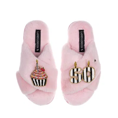 Laines London Women's Pink / Purple Classic Laines Slippers With Stripe 50th Birthday & Cake Brooches - Pink In Pink/purple