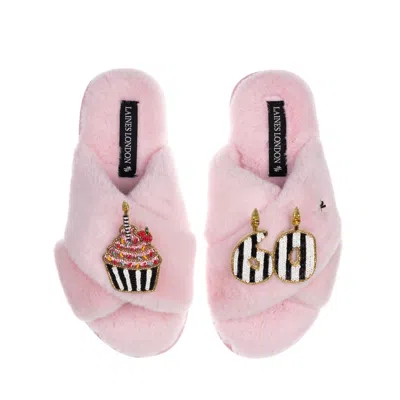 Laines London Women's Pink / Purple Classic Laines Slippers With Stripe 60th Birthday & Cake Brooches - Pink In Pink/purple