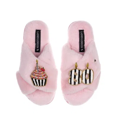 Laines London Women's Pink / Purple Classic Laines Slippers With Stripe 80th Birthday & Cake Brooches - Pink In Pink/purple