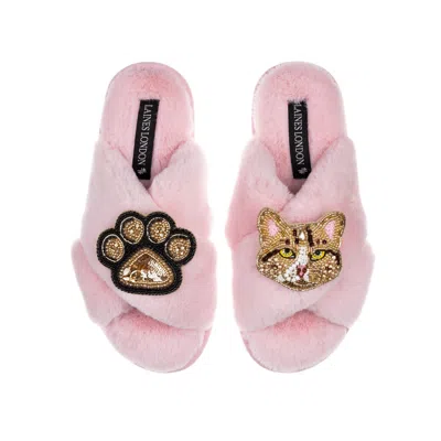 Laines London Women's Pink / Purple Classic Laines Slippers With Tabby Cat & Paw Brooches - Pink In Pink/purple