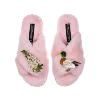 Laines London Women's Pink / Purple Classic Laines Slippers With White Foxglove Flowers & Duck Brooches - Pink In Pink/purple