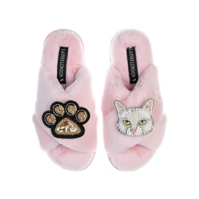 Laines London Women's Pink / Purple Classic Laines Slippers With White Lily Cat & Paw Brooch - Pink In Pink/purple