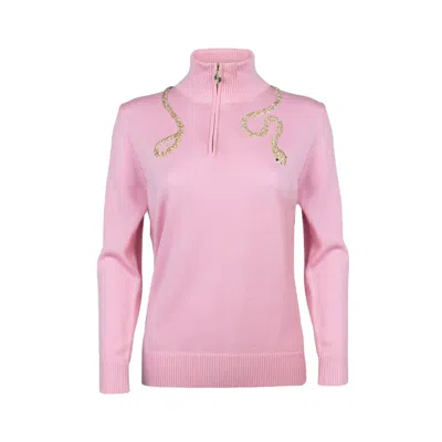 Laines London Women's Pink / Purple Laines Couture Pink Quarter Zip Jumper With Embellished Crystal & Pearl Snake In Pink/purple