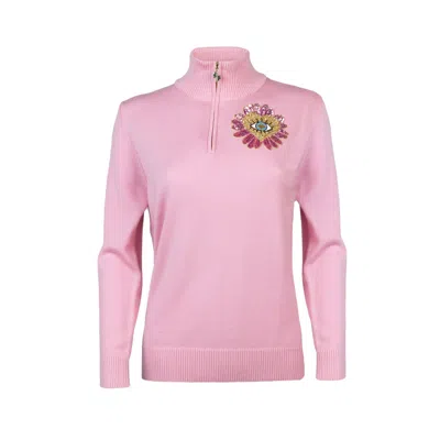 Laines London Women's Pink / Purple Laines Couture Quarter Zip Jumper With Embellished Pink Flower Heart Eye - Pin In Pink/purple