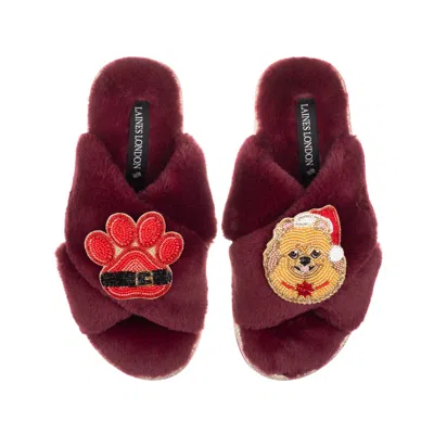 Laines London Women's Red Classic Laines Slippers With Christmas Pomeranian & Paw Brooches - Limited Edition Burgu