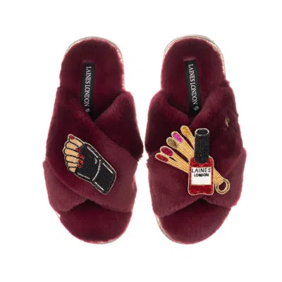 Laines London Women's Red Classic Laines Slippers With Olive Nail Tech Brooches - Burgundy